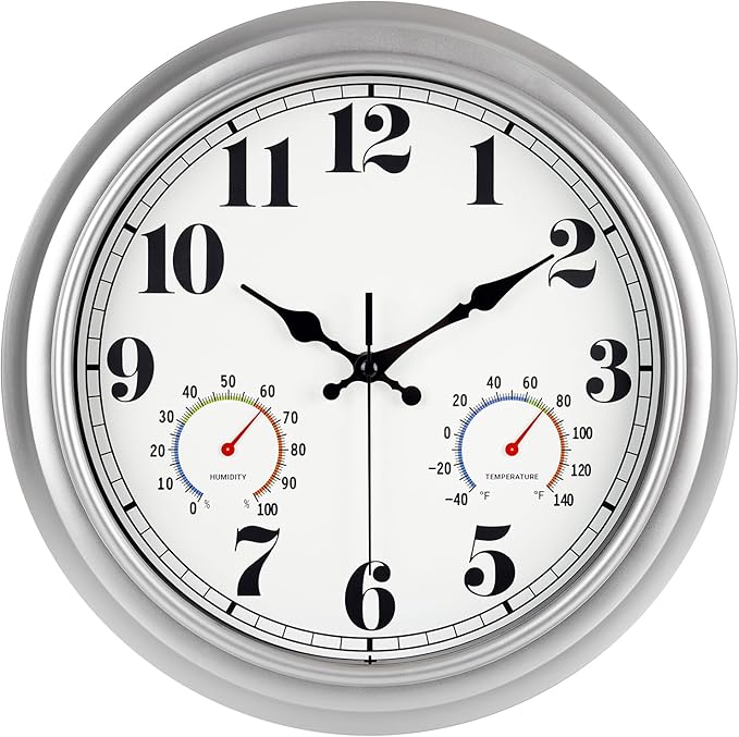 JENLYSTIME 13 Inch Outdoor Clock, Waterproof and Silent, with Thermometer and Hygrometer, Large Numbers for Easy Reading, Perfect for Home,Office,Bedroom,Kitchen,Porch,Garden,Pool(Silver)