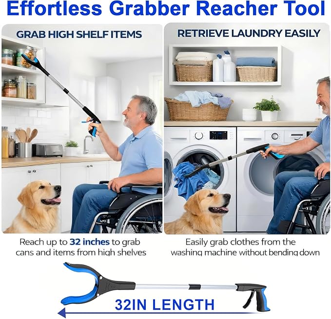 2-Pack 32" Grabber Reacher Tool, LEGENDONE Extra Long Pickup Tool Foldable Reacher Grabber for Senior, Wide Claw Trash Picker Heavy Duty Upper Gripper w/Magnet, Essential for Health Surgery Recovery