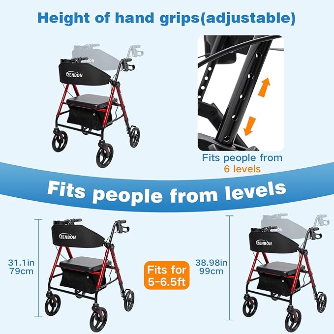 Rollator Walker for Seniors/Adults Foldable Rolling Walker with Seat 265 lbs Capacity 4 Big 8 inch Wheels Hand Grips Adjustable Height Lightweight Iron Aluminum Walker (Red)