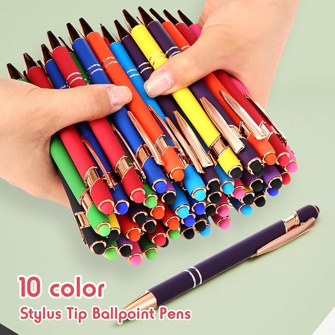 Yeaqee 100 Pieces Ballpoint Pen with Stylus Tip Click, 2 in 1 Black Ink, 1.0 mm Medium Point Stylus Metal Pen for Touch Screen Tablet (Bright Colors)