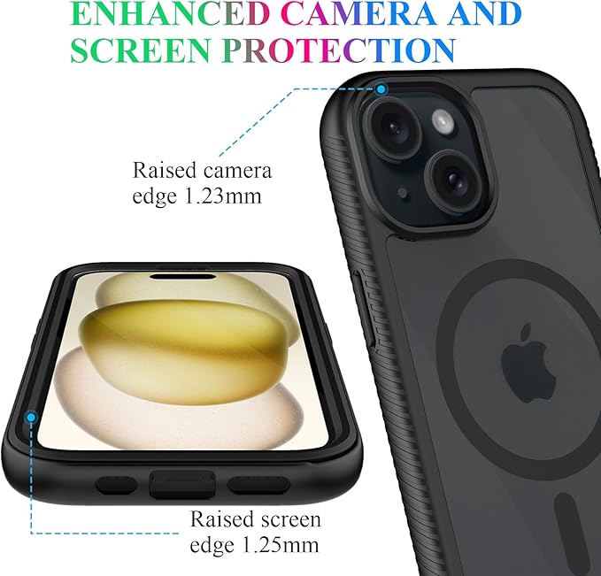 wahhle Compatible with iPhone 15 Plus Case, Magnetic Wireless Charging Built in Screen Protector Full Body Shockproof Slim Fit Bumper Protective Phone Cover 6.7'' Men Women-Black/Clear