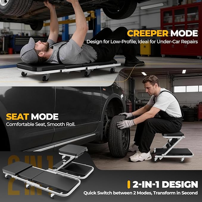 Auto Dynasty 40" Z-Creeper Seat, 2-in-1 Foldable Garage Creeper Shop Seat, 330 LBS Capacity Automotive Mechanic Repair Under Car Rolling Creeper Seat, Silver