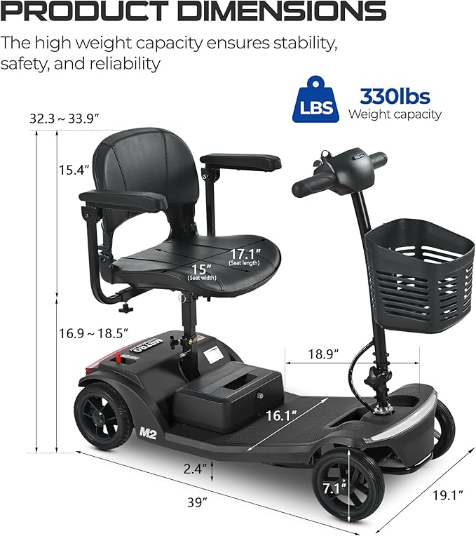 Electric Mobility Scooter for Adults Wheelchair Device for Travel, Elderly, 20 Miles per Charge.330 lbs Max Weight, 4-Wheel Powered Mobility Scooters for Seniors (M2-Black)