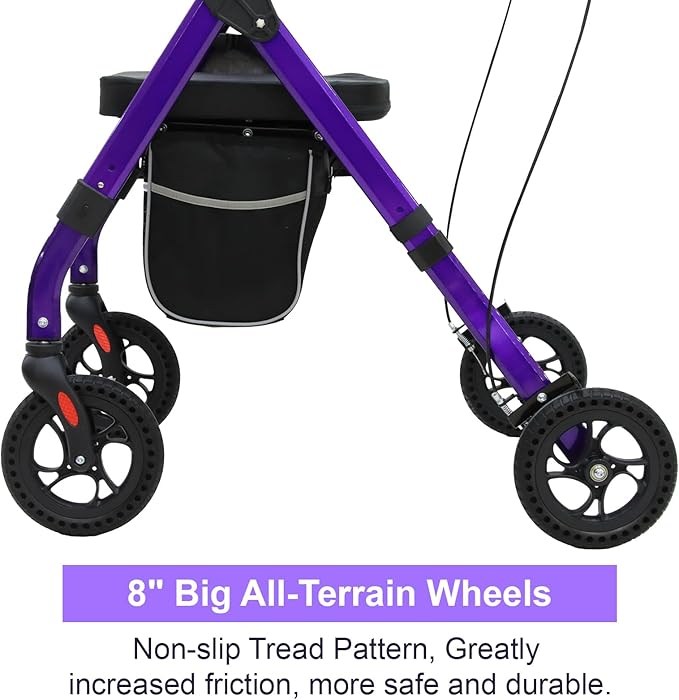 BlessReach Heavy Duty Upright Rollator Walker for Seniors, 450lb Capacity, 6 Height Adjustments, 8" All-Terrain Wheels, Padded Seat & Backrest, Easy Assembly, Foldable Design (Purple)