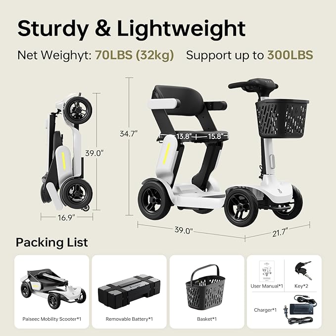 Paiseec S3 Mobility Scooter, Folding Mobility Scooters for Seniors, All Terrain Mobility Scooter, Electric Mobility Scooters for Adults, Folding Mobile Scooter, Auto Speed Control (White, S3-25 Miles)