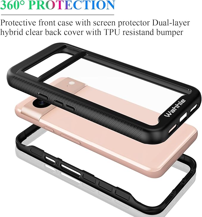 wahhle Compatible with Google Pixel 8 Case, Built in Screen Protector Full Body Shockproof Slim Fit Bumper Protective Phone Cover Men Women-Black/Clear