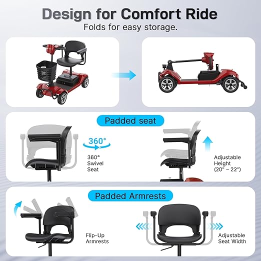 Hoverfly T4 Mobility Scooter for Seniors, Max 12.4-Mile Range & 3.7 mph, 3-Position Seat & Anti-slip Rear Wheel, Removed Battery&Quick Fold Design, Solid 9" Tire &330 lb Capacity, Ease of Assembly Red