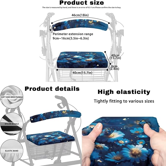 3-Piece Walker Seat Cover & Storage Bag Set, Blue Butterfly Rollator Walker Accessories for Elderly, Padded Universal Fit Seat Cover with Storage Pouch, Easy Insall Basket