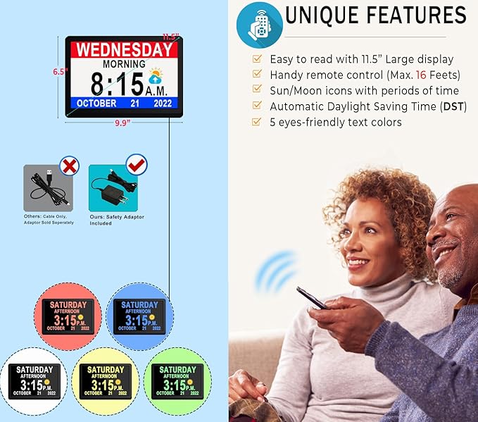 【Upgraded】11.5" Large Digtal Clock with Voice-Talking Day and Date for Seniors, 27 Alarms & Custom Reminders, 10-Level Auto Dimmer, Auto DST, 8 Colors Display Clock for Elderly Dementia Alzheimers