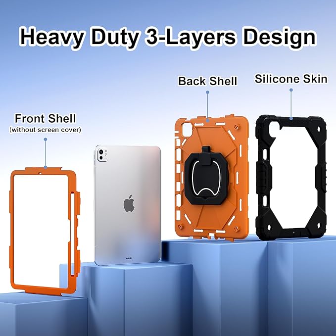 Dteck for iPad Pro 11 inch (M4/M5) 2024/2025 Release Shockproof Case with Shoulder Strap/Pencil Holder/Rotating Kickstand Handle, Heavy-Duty Sturdy Rugged Cover, Protective Tablet Shell, Black Orange