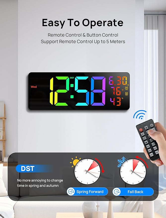 MASHI 17.3" Large Digital Wall Mount Clock, Digital Clock with Remote Control, Alarm, Big LED, RGB Color, DST, Temperature for Living Room Classroom Desk, Bedroom, Decor, Gift for Elderly (RGB)