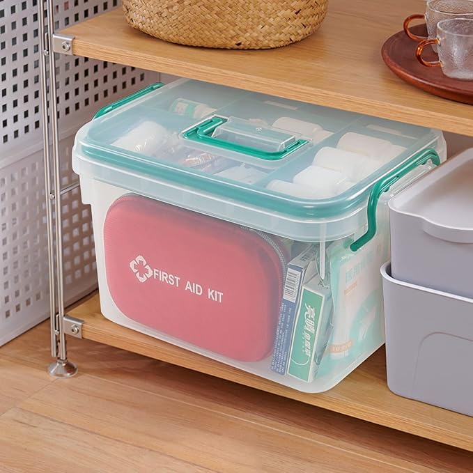 Vcansay Plastic Family First Aid Box with Double Layer and Handle, Emergency Medicine Box, Clear Container for Home, Car, Office, Travel & Outdoor Sports