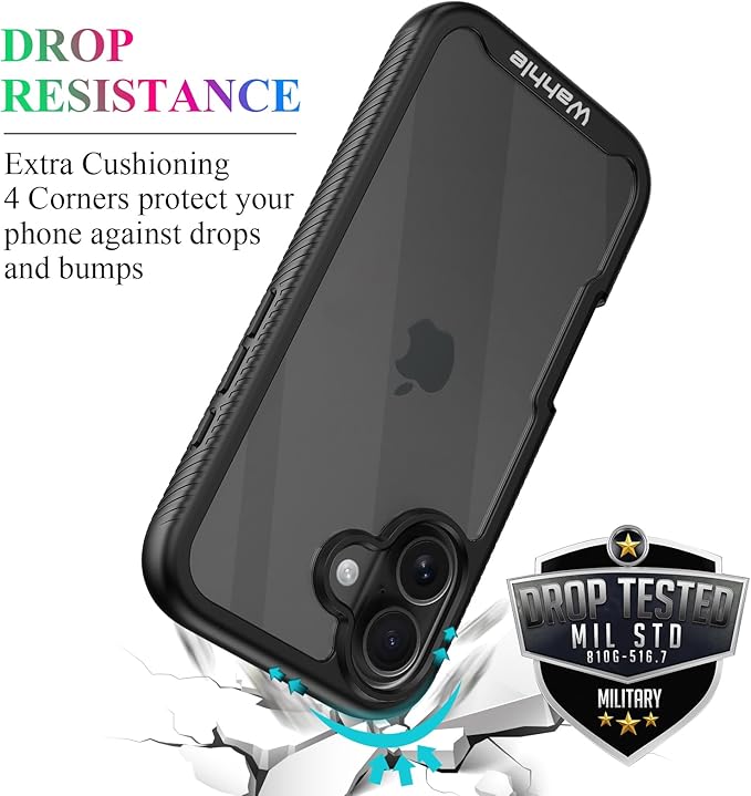 wahhle Compatible with iPhone 16 Case, Built in Screen Protector Full Body Shockproof Slim Fit Bumper Protective Phone Cover 6.1'' Men Women-Black/Clear