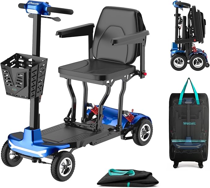 Mobility Scooter for Adults, Seniors - 37.5 lbs Ultra Lightweight Folding Mobility Scooters for Seniors Airport Approved, All Terrain 4 Wheel Motorized Scooter with Storage Bag for Travel, Blue
