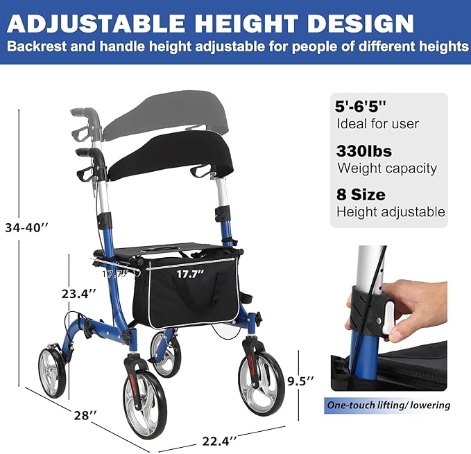 Rollator Walker for Seniors, Lightweight Foldable All Terrain Rolling Walker with seat,12" Rubber Wheels for Smooth Outdoor Use, Compact Folding Design,Height Adjustable 34"-40" for All Users.