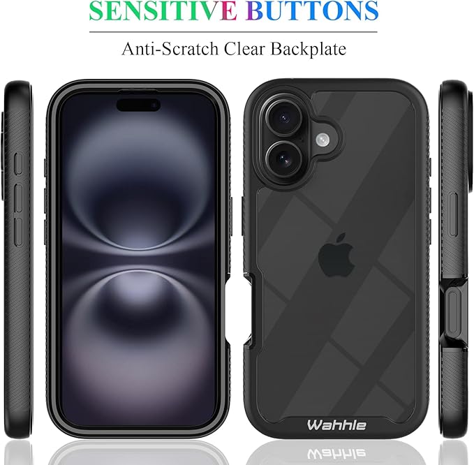 wahhle Compatible with iPhone 16 Plus Case, Built in Screen Protector Full Body Shockproof Slim Fit Bumper Protective Phone Cover 6.7'' Men Women-Black/Clear