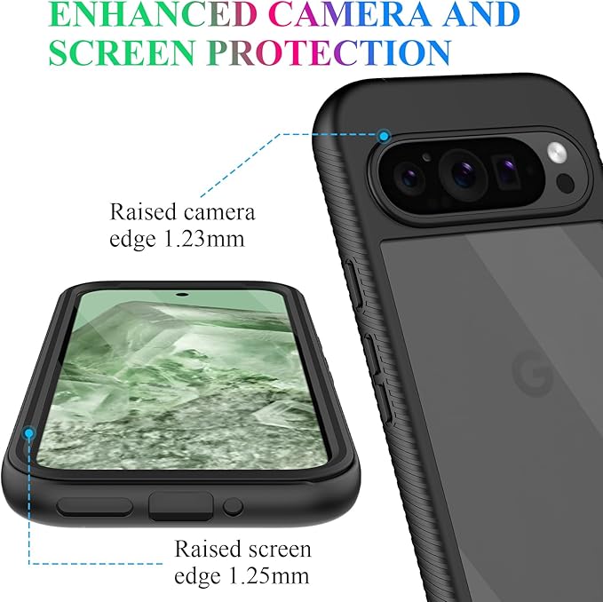 wahhle Compatible with Google Pixel 9 Pro XL Case, Built in Screen Protector Full Body Shockproof Slim Fit Bumper Protective Phone Cover Men Women-Black/Clear