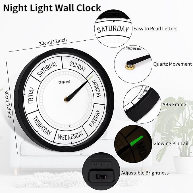 Day of The Week Wall Clock with Night Light - 12" Analog Silent Non-Ticking Clock with LED Night Light, Calendar Day Clock Perfect for Home, Office, and Retirement Gifts