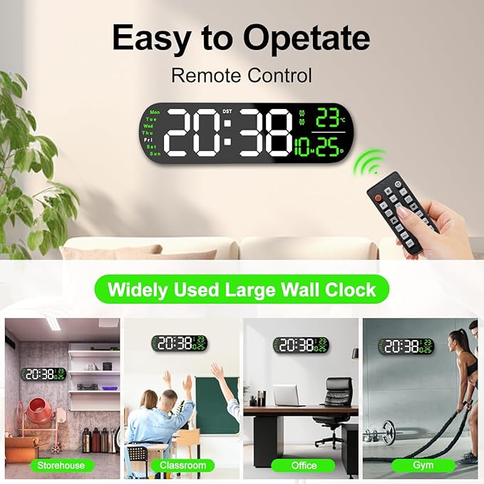 13.7" Large Digital Wall Clock – Remote Control, Dual Alarm, Big LED Display, Auto-Dimming, RGB Night Light, Auto DST – Bedroom, Living Room, Office, Purple,Green