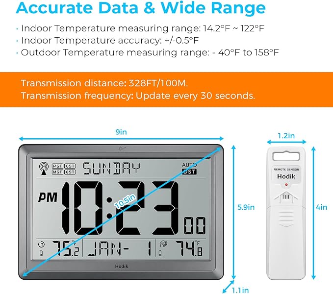 HODIK Wall Clock Atomic with Indoor Outdoor Temperature Battery Powered, Easy Reading with 10.5 Inch LCD Display, 330FT Range Table Wall Clock with DST, 12/24 Hour for Living Room Kitchen (Silver)