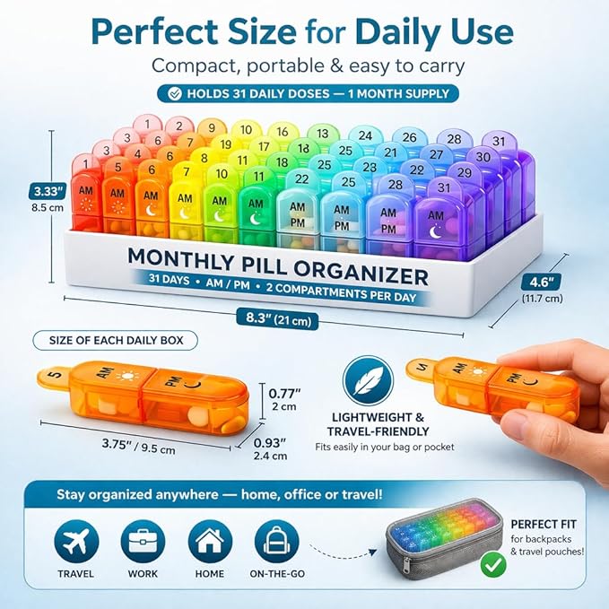 Monthly Pill Organizer Monthly 31 Day AM PM – Pill Sorter Monthly with Large Compartments, 2 Times Pill Container,Monthly Pill Holder for Vitamins, Supplements & Daily Medication