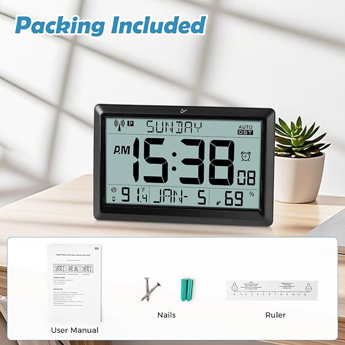 Amgico Digital Wall Clock,10.5" Large Display Atomic Clock,Battery Operated,Digital Calendar Auto Setting with Indoor Temperature,Humidity,Date,Day,Auto DST for Elderly Bedroom Classroom,No Backlight