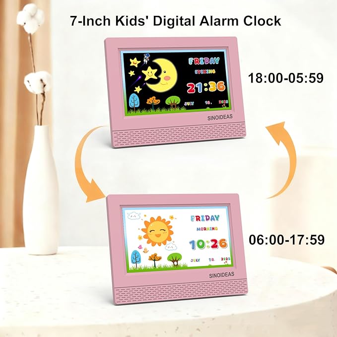 SINOIDEAS 7-Inch Kids' Digital Alarm Clock,Children's Sleep Trainer with Remote Control & Custom Reminder Function (Pink)