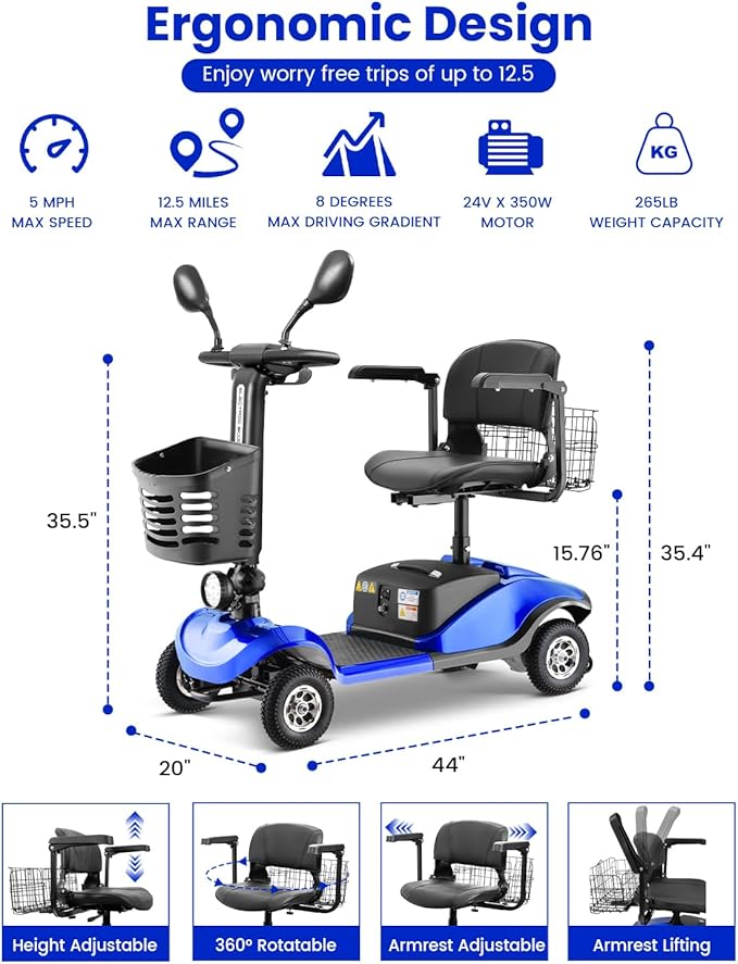 Folding Mobility Scooter for Seniors 4 Wheel Scooter for Adults Electric Medical Scooter Compact for Travel - Electric Powered Wheelchair Device - Compact Heavy Duty Mobile (Blue)
