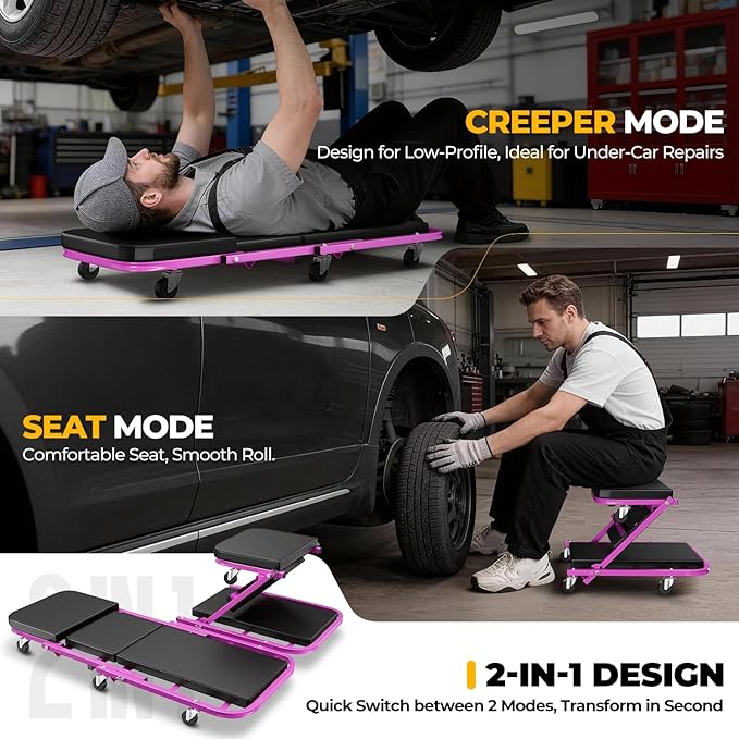 Auto Dynasty 40" Z-Creeper Seat, 2-in-1 Foldable Garage Creeper Shop Seat, 330 LBS Capacity Automotive Mechanic Repair Under Car Rolling Creeper Seat, Purple
