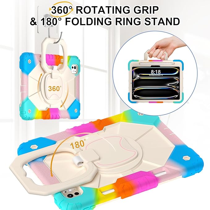 Dteck for iPad Pro 11 inch (M4/M5) 2024/2025 Release Shockproof Case with Shoulder Strap/Pencil Holder/Rotating Kickstand Handle, Heavy-Duty Sturdy Rugged Cover, Protective Tablet Shell, Colorful