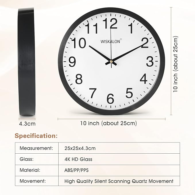 WISKALON 10 inch Silent Non-Ticking Elegant Black Frame Wall Clock,Classic Digital Wall Clocks with Glass,Battery Operated Easy to Read Decorative for Home Office School Kitchen White