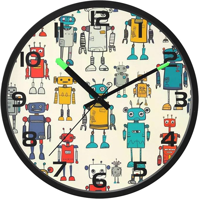 Cute Robots Cartoon Wall Clock with Night Light, Sound Control Clock, Non-Ticking, Battery Operated, Light Up Clocks for Bedroom