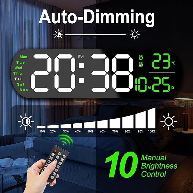 13.7" Large Digital Wall Clock – Remote Control, Dual Alarm, Big LED Display, Auto-Dimming, RGB Night Light, Auto DST – Bedroom, Living Room, Office, Purple,Green
