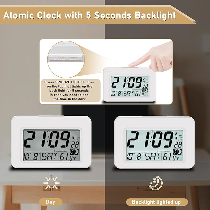 Handy Atomic Alarm Clock - 6'' Battery Operated Digital Clock with Seconds, Self-Setting, Auto Sync, DST, Selectable Time Zones,Portable Travel Desk Clock with 5s Touch Backlight for Bedroom（White)