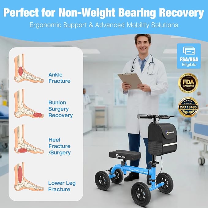 WHLICKS All Terrain Knee Scooter for Adults for Foot Surgery, Foldable & Steerable Knee Walker with PU Wheels, Medical Knee Scooter for Broken Foot Injured, Lightweight Leg Scooter for Broken Ankle