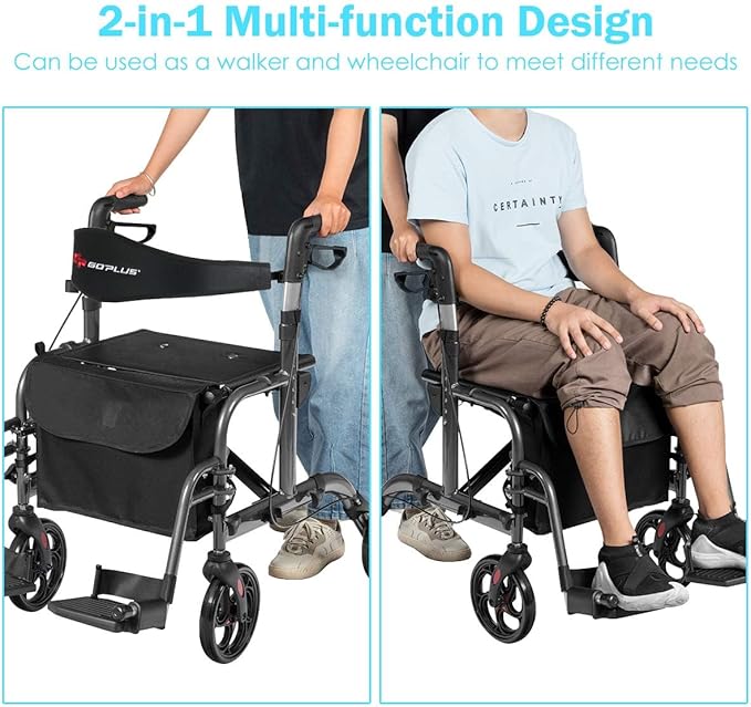 GOPLUS 2 in 1 Rollator Walkers for Seniors, Folding Rollator Walker with Seat, 8-inch Wheel Medical Drive Walker Wheelchair Combo with Backrest, Adjustable Handle for Adults, Aluminium Frame