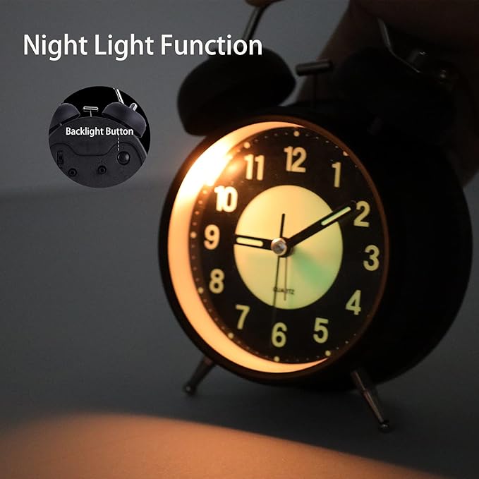 4" Analog Luminous Alarm Clock Twin Bell Silent Non-Ticking Quartz Battery Operated Loud with Backlight for Bedside Table Vintage Retro Style, Decorative Desk Clock
