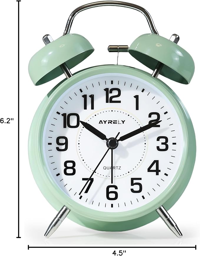 AYRELY® Super Loud Twin Bell Alarm Clock for Heavy Sleepers, 4-Inch Silent Non-Ticking Quartz with Backlight, Metal Cute Clock for Kids' Rooms (Sage Green)
