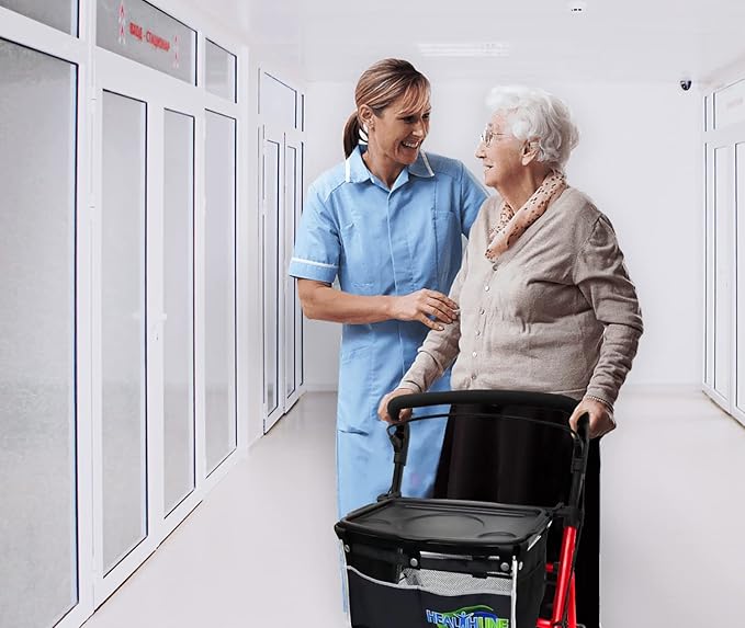 HEALTHLINE Rollator Walker for Seniors - Lightweight 4 Wheel Eldery Walker Heavy Duty - Rollator Walkers for Seniors with Basket & Tray - Narrow Doors Indoor Rollator Red Color