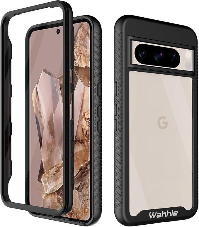 wahhle Compatible with Google Pixel 8 Pro Case, Built in Screen Protector Full Body Shockproof Slim Fit Bumper Protective Phone Cover Men Women-Black/Clear