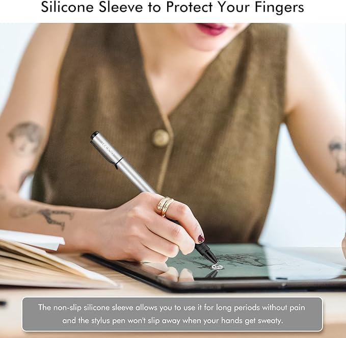Digiroot Universal Stylus,[2-in-1] Disc Stylus Pens for All Touch Screens Cell Phones, iPad, Tablets, Laptops with 6 Replacement Tips(4 Discs, 2 Fiber Tips Included) - (Silver)