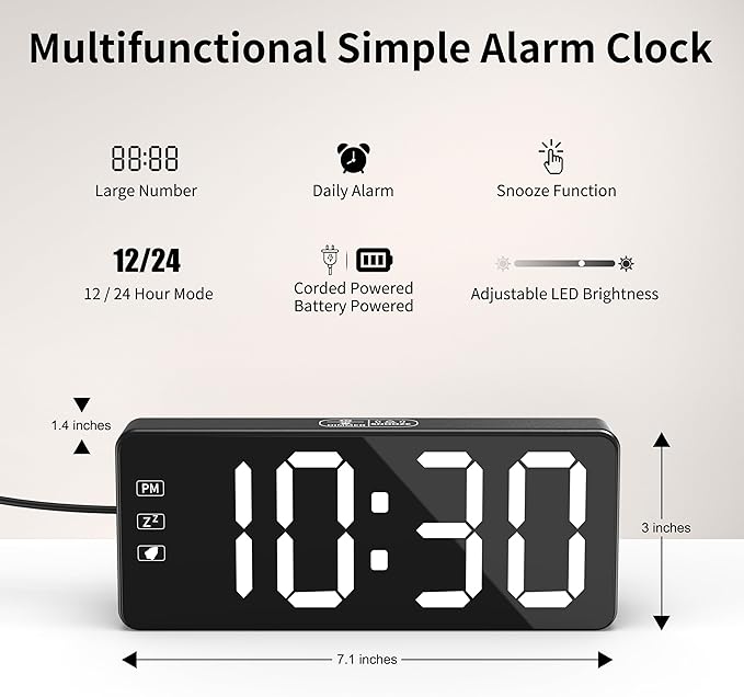 KWANWA Bedside Clock with Oversized Buttons, 2.4'' LED Digits Display, 24H Memory & Battery Save Mode, Ideal for Kitchen/Garage/Hurricane Preparedness (Includes 59" Charging Cable)