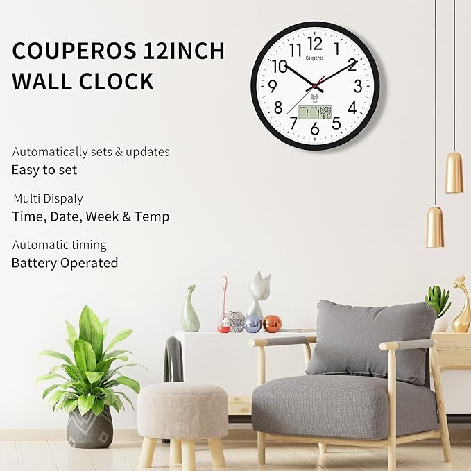 Atomic Wall Clock 12 Inch - Auto DST Modern Analog Battery Operated Silent Wall Clock with Temperature & Digital Calendar for Office Bedroom Kitchen, Round Non-Ticking Classroom & Garage Clock (Black)