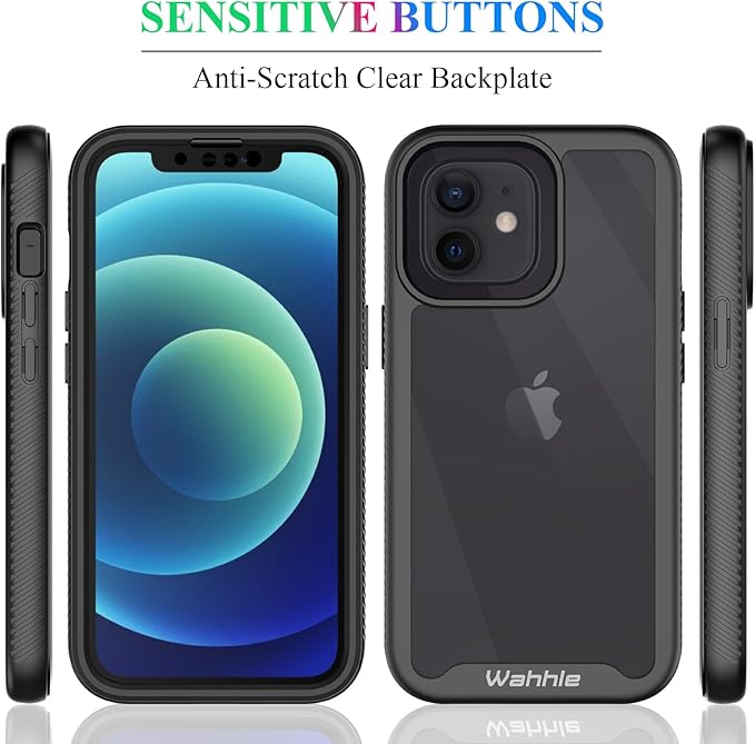 wahhle Compatible with iPhone 12/12 Pro Case, Built in Screen Protector Full Body Shockproof Slim Fit Bumper Protective Phone Cover 6.1'' Men Women-Black/Clear