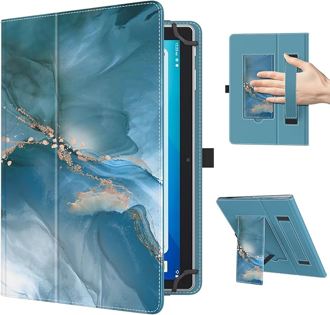 TiMOVO Universal Case for 10.1 Inch Android Tablet with Pen Loop, Lightweight Folding Stand Cover with Hand Strap for All 9.6"-11" Touchscreen Tablet, Cloud Peacock Blue