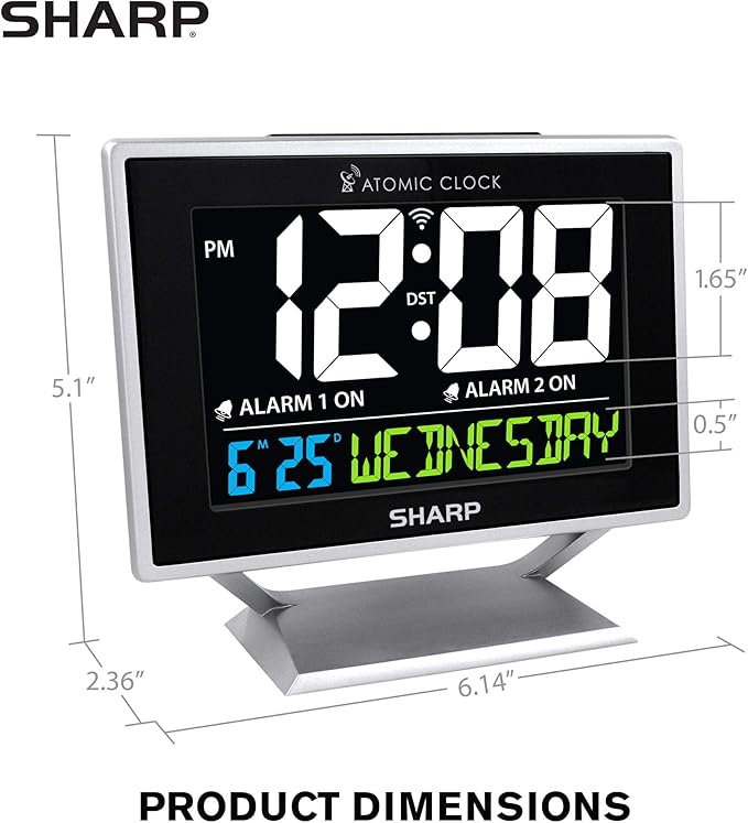 Sharp Desktop Dual Alarm Clock with Color Display - Atomic Accuracy - Calendar & Day of Week Time/Date Display