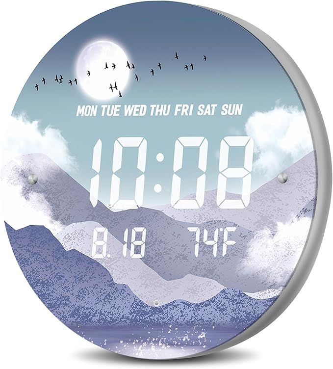 12'' Smart LED Wall Clock, Moonlight Cloudscape Art, Radar & Voice Activated, 7 Level Brightness Auto Dimming, Large Display with Temp Date Day, 12/24H, Rechargeable for Bedroom Living Room