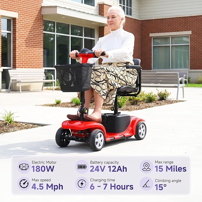 XERATH Mobility Scooters for Seniors Lightweight and Portable,Mobility Scooter with LED Headlights and Basket,lightest Foldable Mobility Scooter 4 Wheels Electric Powered Chargeable Device (Red)