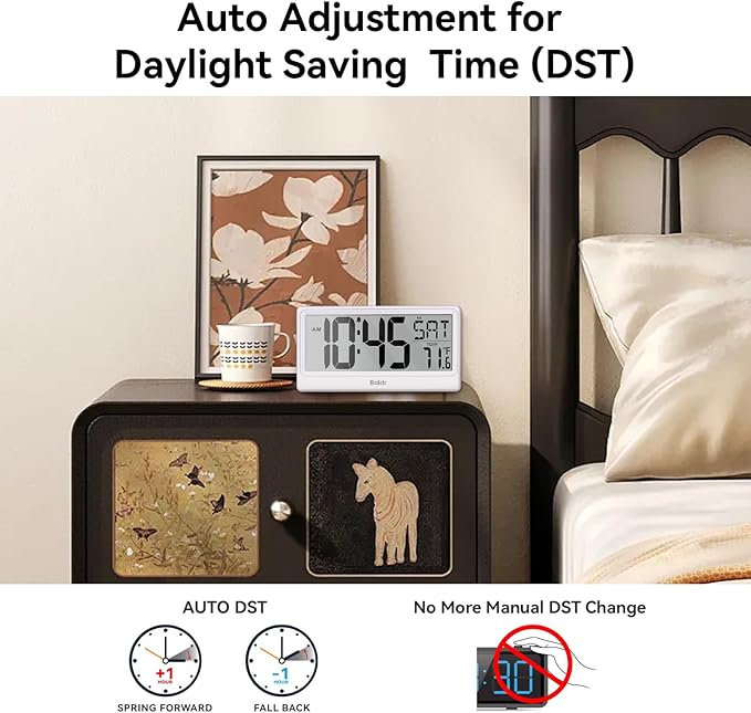 Baldr Digital Clock with Bluetooth Auto Time Sync, No App Required, Large Display Non-Backlit Desktop Alarm Clock, Battery Operated, Temperature & Weekday, Wall or Desk Clock for Home Office, White