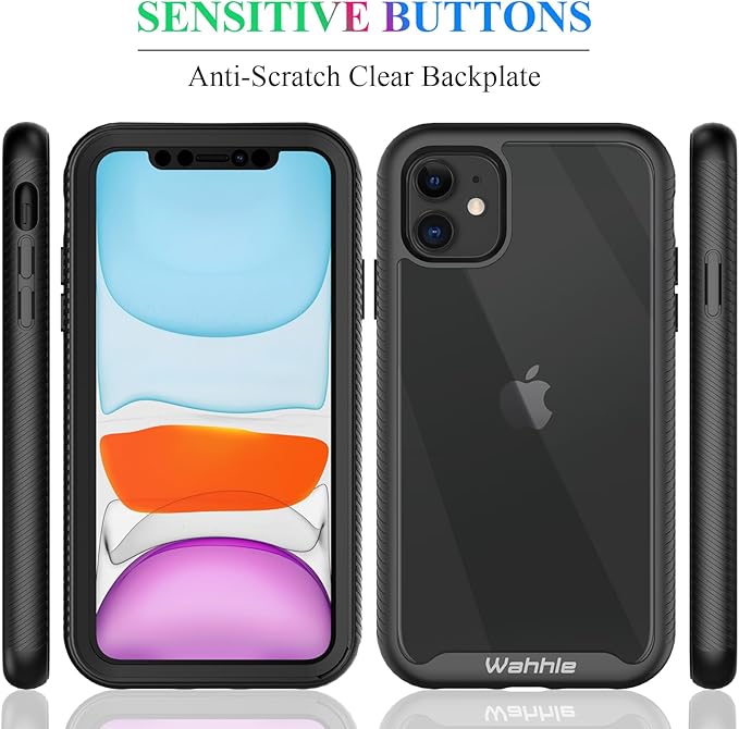 wahhle Compatible with iPhone 11 Case, Built in Screen Protector Full Body Shockproof Slim Fit Bumper Protective Phone Cover 6.1'' Men Women-Black/Clear
